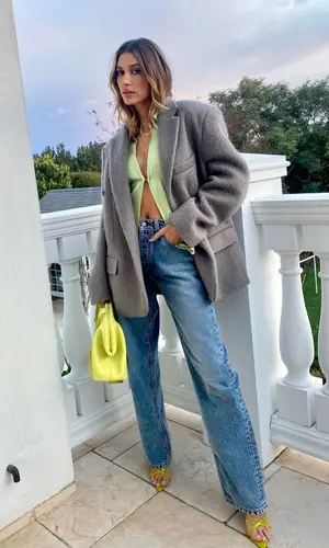 Hailey Bieber wearing Frankie Shop jacket