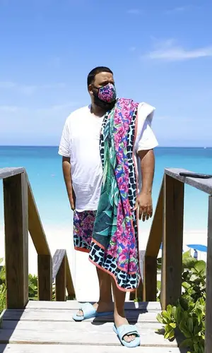 DJ Khaled wearing Miami Heat sandal