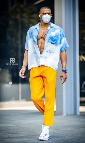 Russell Westbrook’s Outfit in Honor The Gift Shirt, Issey Miyake Pants & Converse Sneakers (2021)