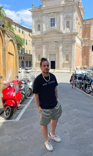 Russ wearing Fear of God shorts
