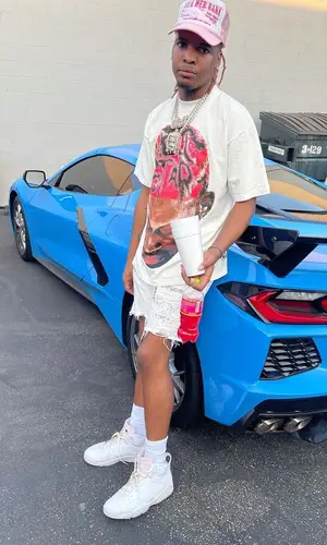 Lil Keed’s Outfit in Purple Brand Shorts, Jordan Sneakers & Spider Worldwide Cap (2021)