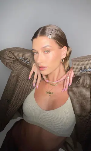 Hailey Bieber wearing Magda Butrym jacket