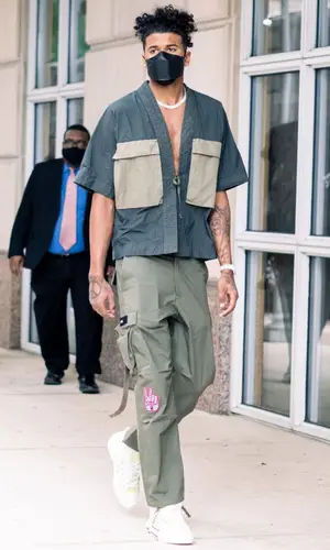 Jalen Green’s Outfit in Nemen Jacket, Bape Pants & Henry Mask (2021)
