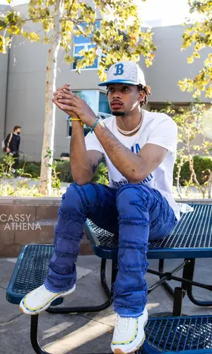 Amari Bailey wearing Valabasas jeans