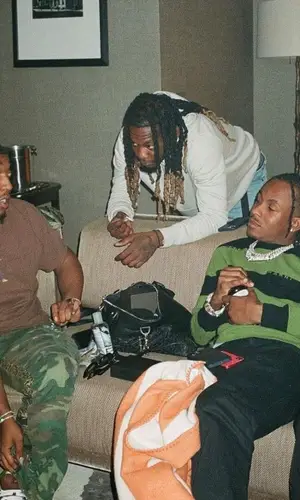 Takeoff’s Outfit in Travis Scott Merch T-Shirt, Gallery Dept. Pants & Virgil Abloh (2021)