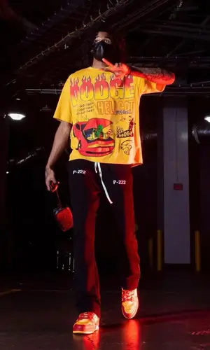 Jalen Green’s Outfit in Kool Kiy T-Shirt, Project 222 Pants & Louis Vuitton Sneakers (2022)