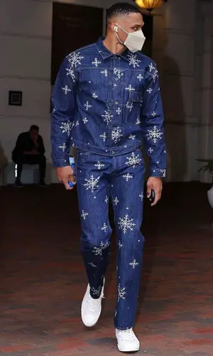 Russell Westbrook’s Outfit in Kapital Jeans, Converse Sneakers & Henry Mask (2022)