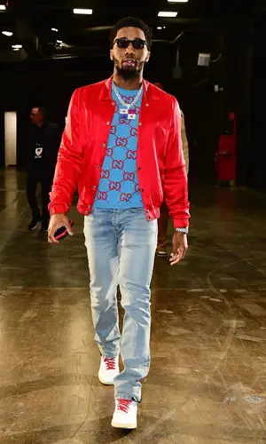 Donovan Mitchell’s Outfit in Keiser Clark Jacket, Gucci Sweater & Collegium Sneakers (2022)