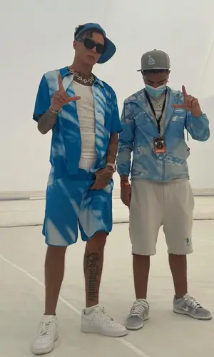 Central Cee wearing Blue Sky Inn shorts