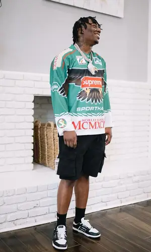Fredo Bang wearing The Hundreds shorts
