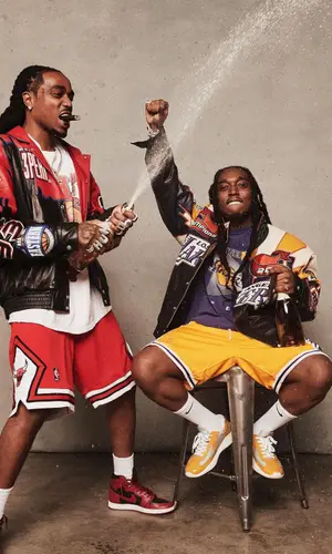 Takeoff’s Outfit in Jeff Hamilton Jacket, Mitchell & Ness Shorts & Nike Socks (2022)