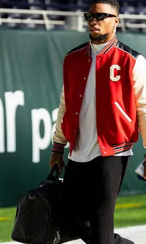 Saquon Barkley’s Outfit in Celine Jacket, Louis Vuitton Bag & Off-White Eyewear (2022)