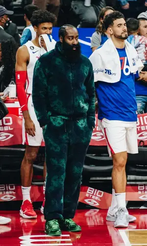 James Harden wearing Louis Vuitton sweatshirt