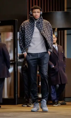 Giannis Antetokounmpo wearing Giorgio Armani jacket