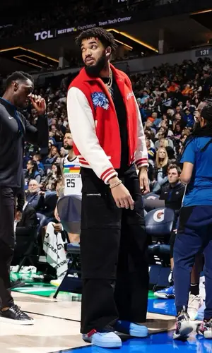 Karl Anthony Towns’ Outfit in Louis Vuitton Jacket, Vetements Jeans & Nike Sneakers (2023)