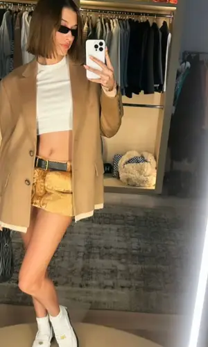 Hailey Bieber wearing Miu Miu jacket