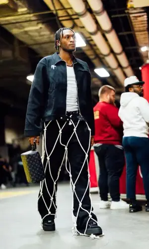 Immanuel Jaylen Quickley wearing Don't Let Mom Find Out pants