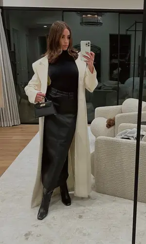 Olivia Culpo’s Outfit in Khaite Jacket, Jimmy Choo Boots & Hermes Bag (2023)