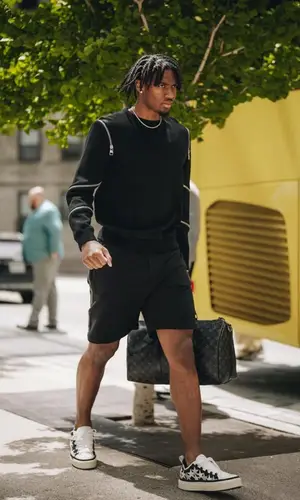Tyrese Maxey’s Outfit in Alexander McQueen Sweatshirt, Amiri Sneakers & Louis Vuitton Bag (2023)