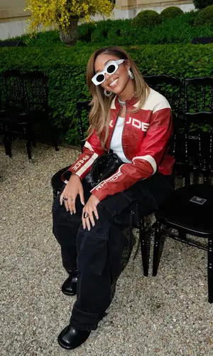 Jordyn Woods’ Outfit in Rhude Jacket, Bottega Veneta Boots & Loewe Eyewear (2023)