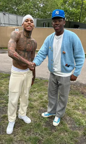 NLE Choppa wearing Off-White sweater