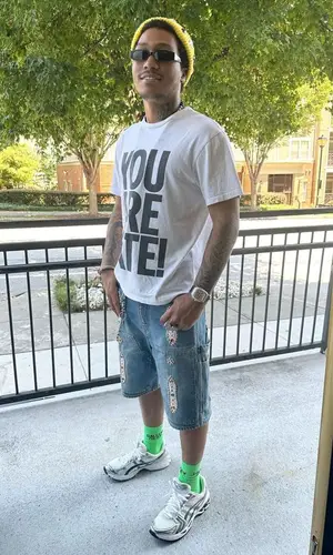Lil Meech wearing Kapital shorts