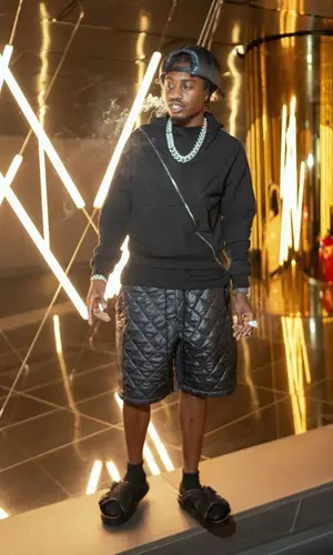 Lil Tjay wearing Bottega Veneta sandal