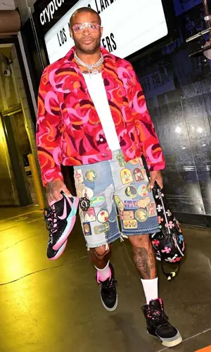 PJ Tucker’s Outfit in Kapital Shorts, Yeezy Sneakers & Chrome Hearts Bag (2023)