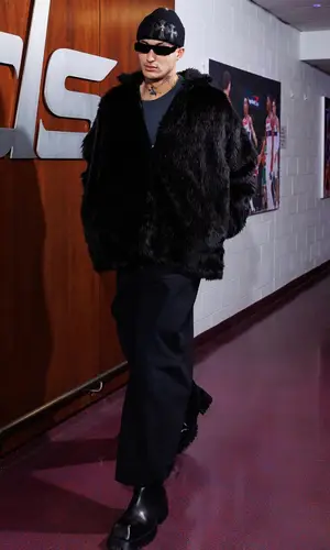 Kyle Kuzma’s Outfit in Balenciaga Jacket, Rick Owens Eyewear & Chrome Hearts Hat (2024)