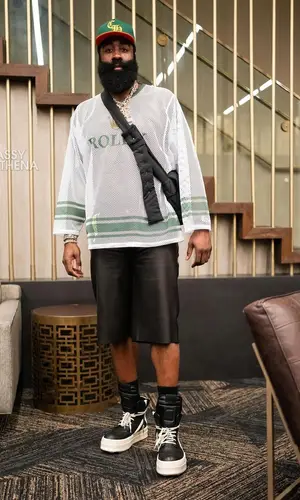 James Harden’s Outfit in Prada Shorts, Rick Owens Sneakers & Chrome Hearts Cap (2024)