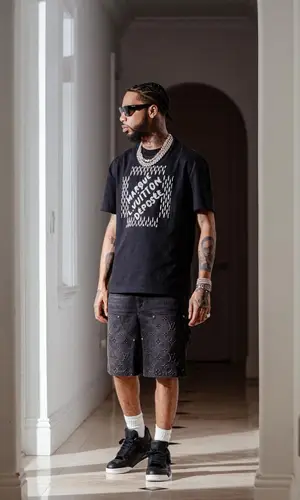 Key Glock wearing Louis Vuitton shorts