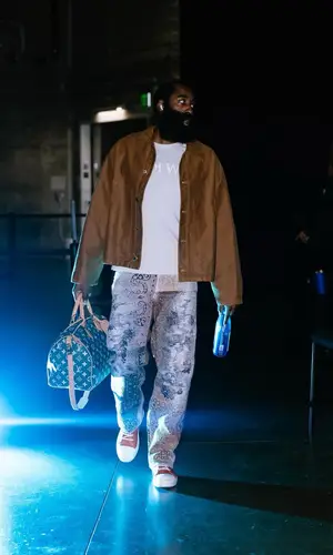 James Harden’s Outfit in Prada Jacket, Rick Owens Sneakers & Louis Vuitton Bag (2024)
