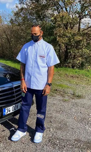 Lewis Hamilton wearing Prada shirt