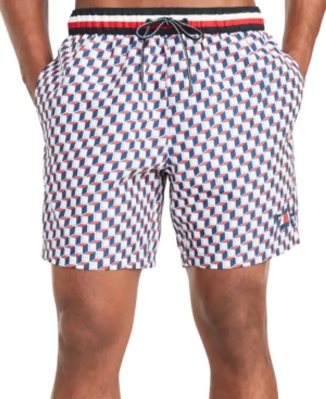 Tommy Hilfiger Men's Robert Patterned 5" Swim Trunks, Created For Macy's In Navy Blazer $70