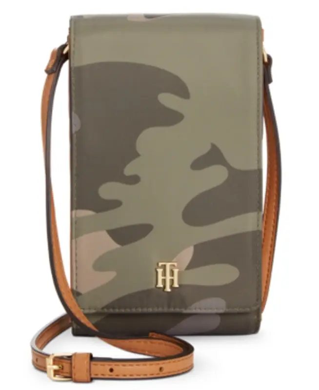 Tommy Hilfiger Julia Camo Nylon Phone Crossbody In Green/gold $68