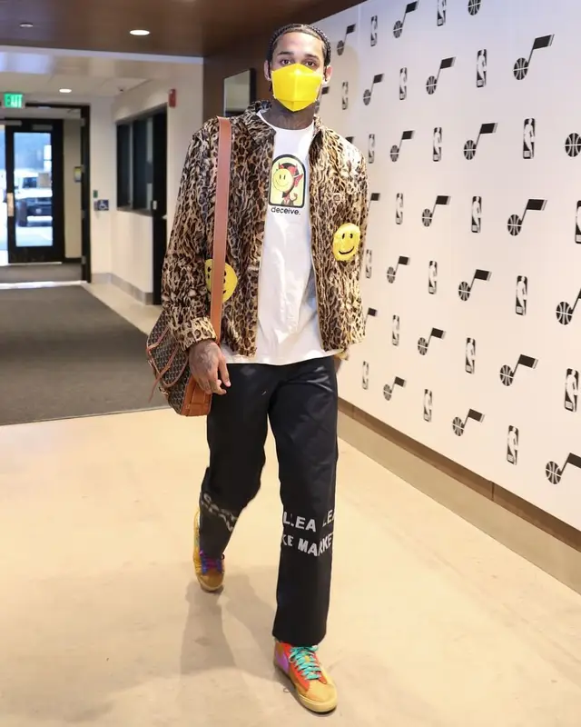 Jordan Clarkson outfit in Cactus Plant Flea Market, Goyard, and Henry Mask, 2021