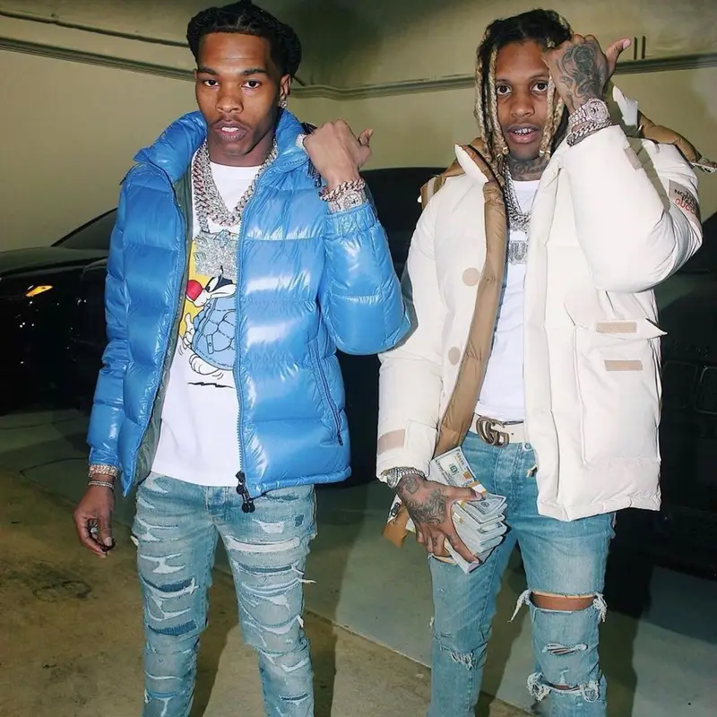 Lil Durk outfit in Gucci, Amiri, and The North Face, 2021