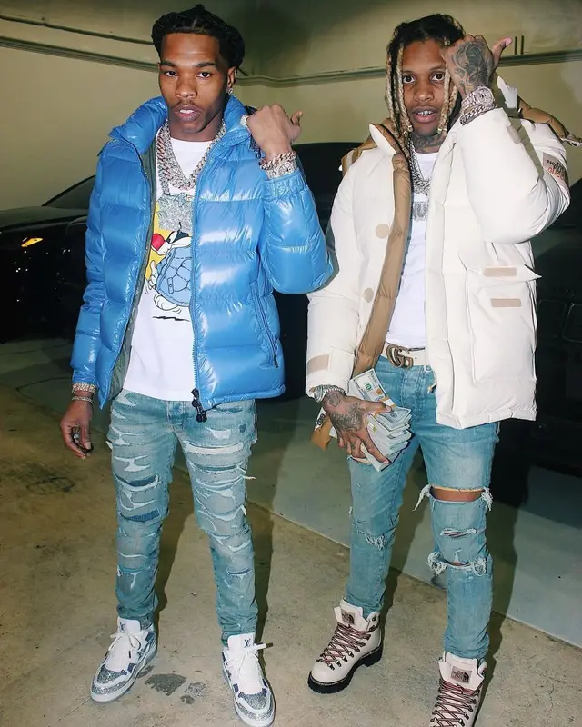 Lil Baby outfit in Moncler, Amiri, and Louis Vuitton, 2021