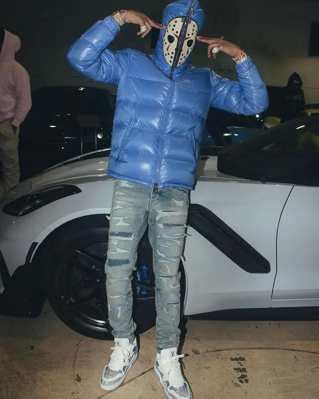 Lil Baby outfit in Moncler, Amiri, and Louis Vuitton, 2021