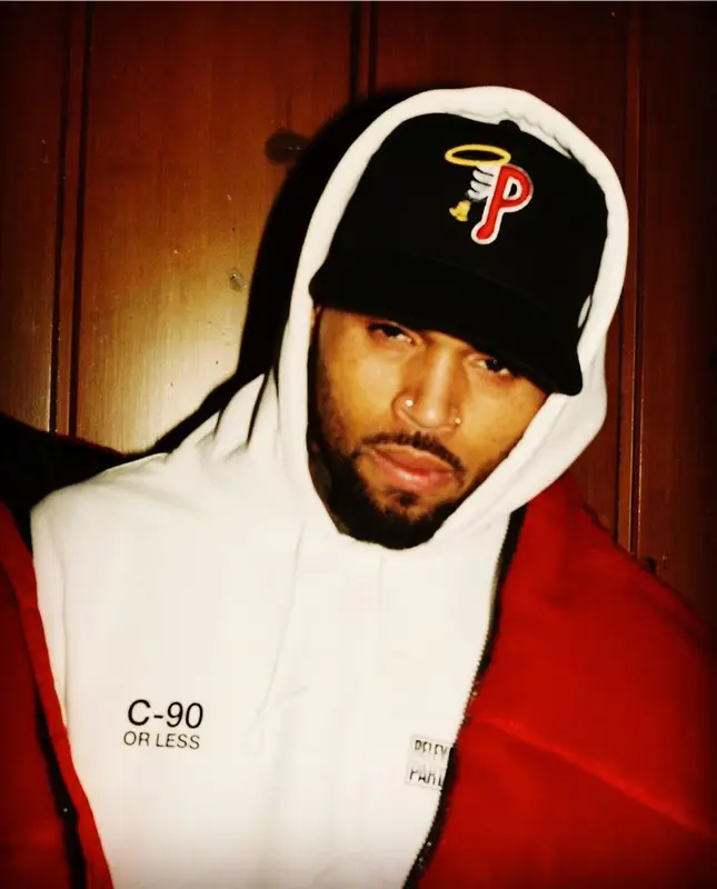 Chris Brown outfit in Supreme, Philadelphia Phillies, and The North Face, 2021