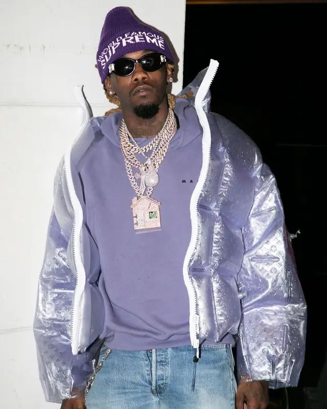 Offset outfit in Louis Vuitton, Marni, and Supreme, 2021