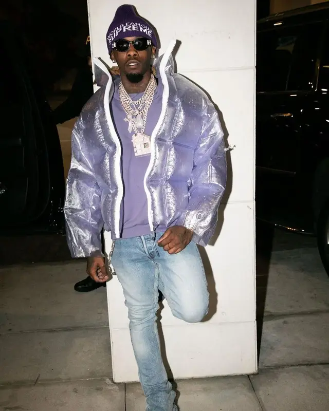 Offset outfit in Louis Vuitton, Marni, and Supreme, 2021