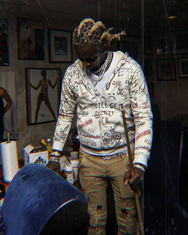 Young Thug outfit in Ricchezza Forever, Filthy Wealth, and Louis Vuitton, 2021