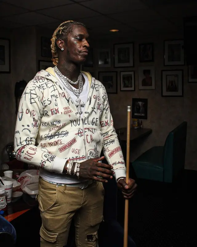 Young Thug outfit in Ricchezza Forever, Filthy Wealth, and Louis Vuitton, 2021