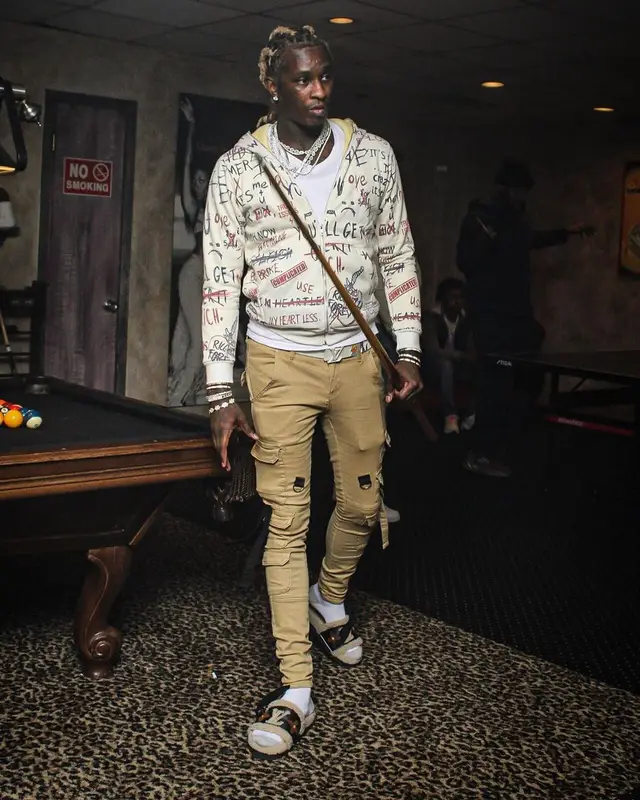 Young Thug outfit in Ricchezza Forever, Filthy Wealth, and Louis Vuitton, 2021
