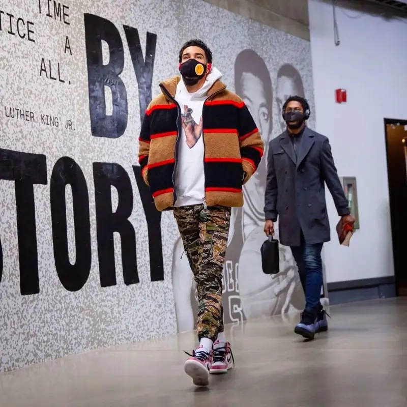 Jayson Tatum outfit in Burberry, Christos, and Nike, 2021