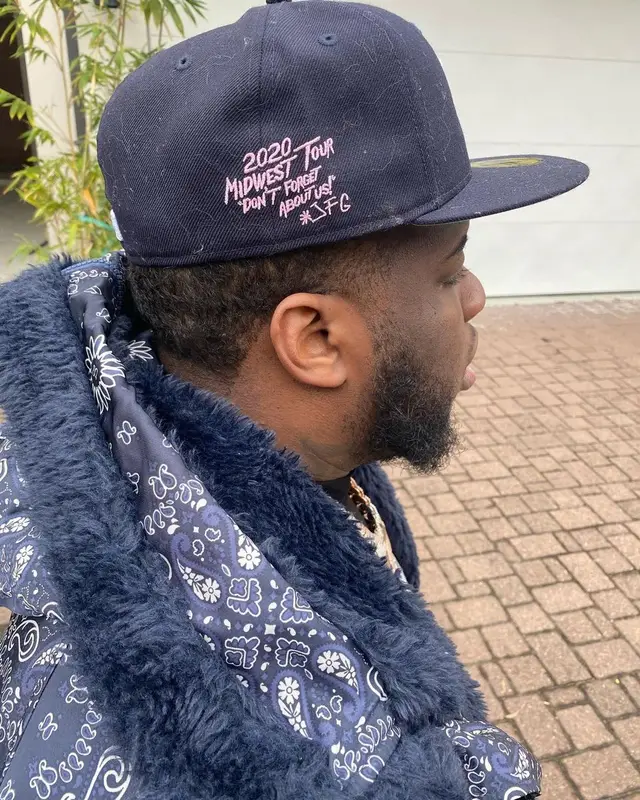 Maxo Kream outfit in Opening Ceremony, New Era, and Alpha Industries, 2021