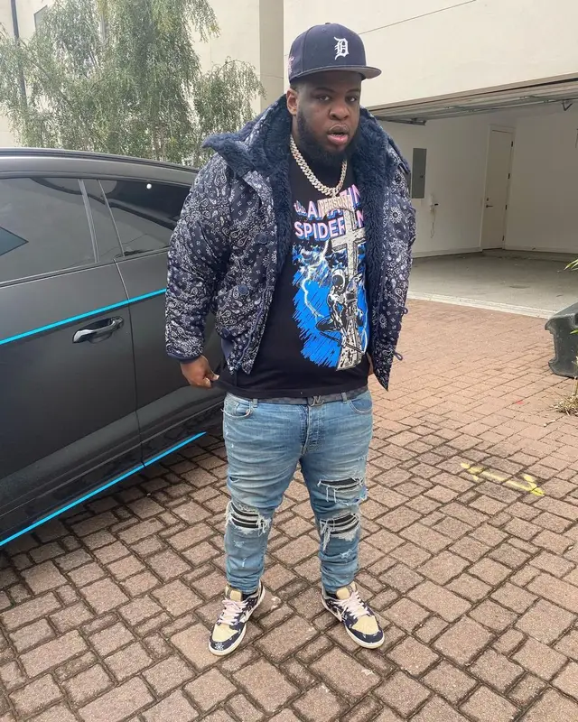 Maxo Kream outfit in Opening Ceremony, New Era, and Alpha Industries, 2021