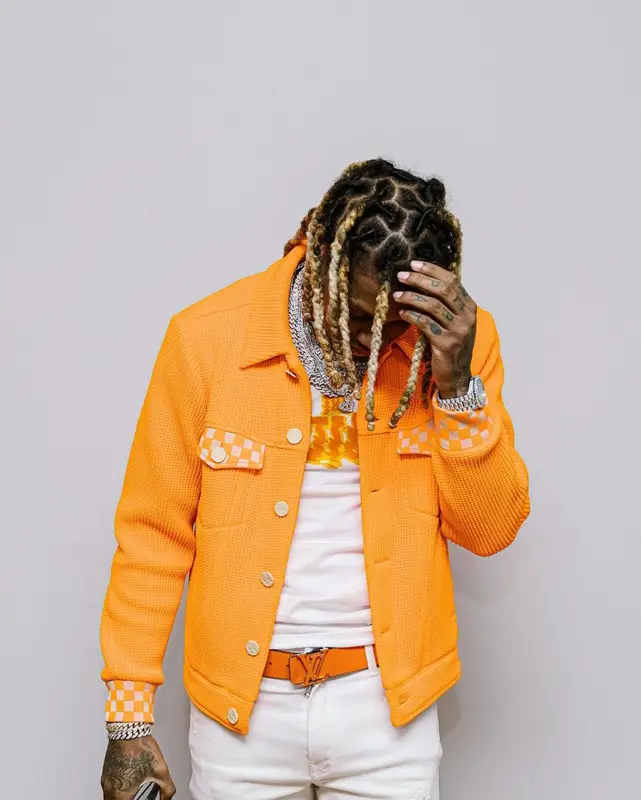 Lil Durk outfit in Louis Vuitton, Amiri, and Nike, 2021