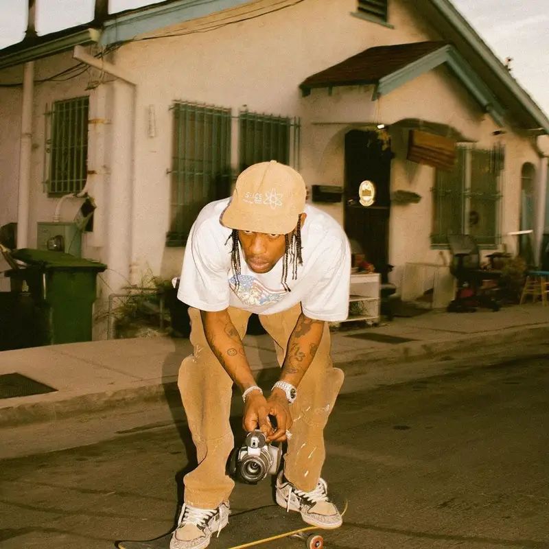 Travis Scott outfit in Hook-Ups, Carhartt, and Space Village, 2020
